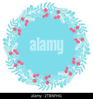 Handgezeichnete Vektorgrafik. Weihnachtskarte mit rundem Mistelkranz mit Kopierraum für Text Stock Vektor