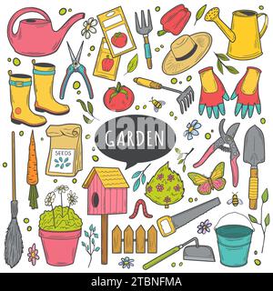 Gartenwerkzeuge Doodle Farbset. Umrissvektorillustration, Gartenbau und Gartenbau. Landwirtschaftliche Geräte für den Haushalt. Stock Vektor