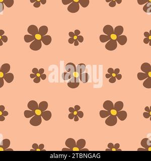 Nahtloses Blumenmuster der Kamille auf Peach Fuzz Hintergrund. Kleine Sommerblumen im einfachen Cartoon-Doodle-Stil, perfekt für Textilien, Tapeten und Stoff Stock Vektor