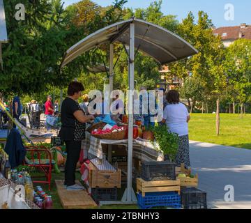 Bihac, Bosnien - 7. September 2023. Ein Marktstand verkauft frisches Obst und Gemüse, Kräuter und Gurken im Zentrum von Bihac, Kanton Una-Sana, Bosnien Stockfoto