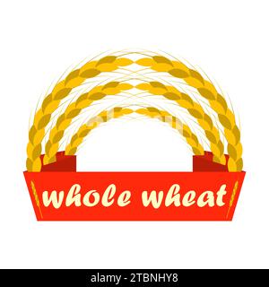 Wheat Ears Logo. Band mit der Inschrift Vollkorn. Runde Formen, goldene und gelbe Farben. Emblem, Symbol. Isolierte Vektordarstellung. Stock Vektor