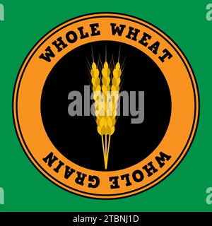 Wheat Ears Logo. Runde Formen, goldene, schwarze, grüne und gelbe Farben. Inschrift Vollweizen. Emblem, Symbol. Isolierte Vektordarstellung. Stock Vektor