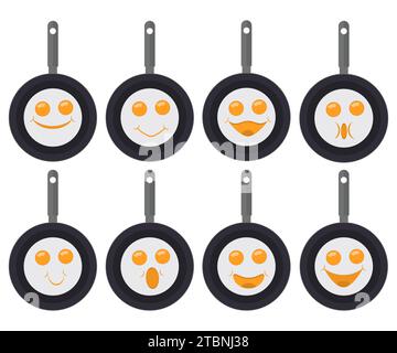 Spiegeleier Emoticons, Smiley und Emoji. Ein Set Spiegelei in Pfannen mit Augen und Lächeln. Vektorabbildung. Stock Vektor