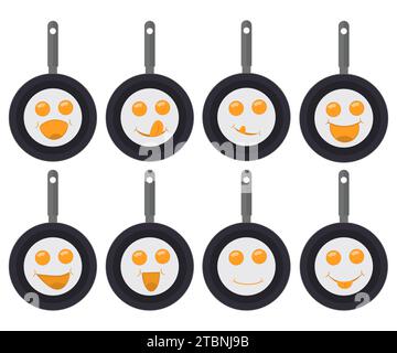 Spiegeleier Emoticons, Smiley und Emoji. Ein Set Spiegelei in Pfannen mit Augen und Lächeln. Vektorabbildung. Stock Vektor