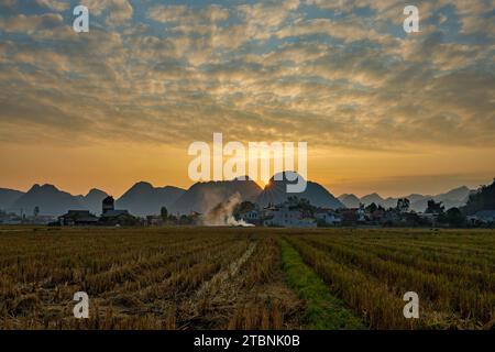 Reisfelder im Bac Son Valley von Vietnam bei Sonnenuntergang Stockfoto