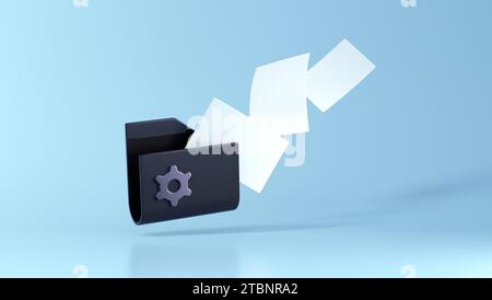 Computerordner Für Schwarzweißeinstellung Mit Freiliegenden Dokumenten, Die Über Weichem Blauem Hintergrund Isoliert Sind. Minimalistischer Cartoon-Stil. Web-Konzept. 3D-Rendering Stockfoto