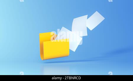 Gelber Computerordner Mit Fliegenden Leeren Dokumenten Isoliert Über Weichem Blauem Hintergrund. Minimalistischer Cartoon-Stil. Web-Konzept. 3D-Rendering Stockfoto