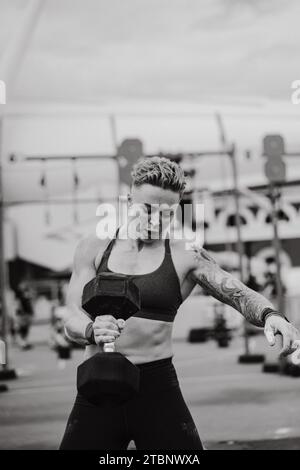 CrossFit-Wettbewerb für Damen. Frau mit Kurzhanteln. Stockfoto