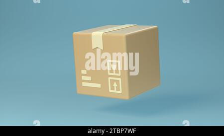 Karton oder Lieferpaket auf weichem blauem Studio-Hintergrund. Isoliert. Minimalistischer Cartoon-Stil. Minimalsymbol. Abbildung 3D-Rendering. Stockfoto
