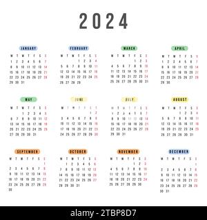 Englischer Kalender 2024 Jahr. Vektor quadratisch Schreibwaren Kalenderwoche beginnt Montag. Jährlicher Organisator. Einfache Kalendervorlage in minimalem Design Stock Vektor