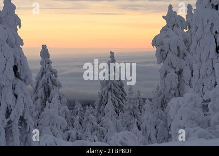 Klinovec, Tschechische Republik. Dezember 2023. Die ersten Skifahrer auf dem Gipfel von Klinovec (1.244 m) im Skigebiet Klinovec, Region Karlsbad, Tschechische Republik, 8. Dezember 2023. Quelle: Slavomir Kubes/CTK Photo/Alamy Live News Stockfoto