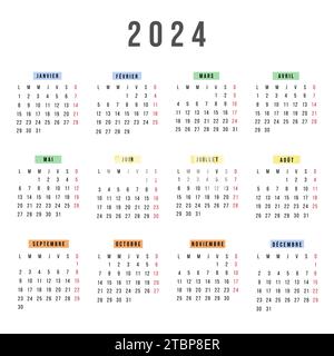 Französischer Kalender 2024 Jahr. Vektor Schreibwaren quadratische Kalenderwoche beginnt Montag. Jährlicher Organisator. Einfache Kalendervorlage in minimalem Design Stock Vektor