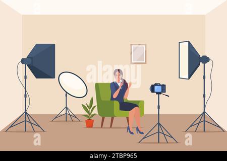 Shooting Interview im professionellen Studio. Softbox-Leuchte, Kamera, Spotlight. Professionelle Ausrüstung für Videoaufnahmen. Zwei Leute, die sich unterhalten Stock Vektor
