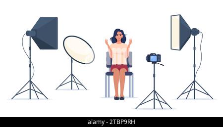 Shooting Interview im professionellen Studio. Softbox-Leuchte, Kamera, Spotlight. Professionelle Ausrüstung für Videoaufnahmen. Zwei Leute, die sich unterhalten Stock Vektor