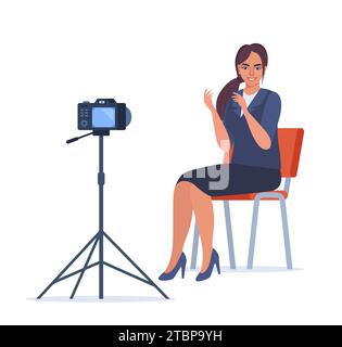 Shooting Interview im professionellen Studio. Softbox-Leuchte, Kamera, Spotlight. Professionelle Ausrüstung für Videoaufnahmen. Zwei Leute, die sich unterhalten Stock Vektor