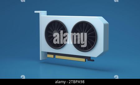 Einfache Grafikkarte mit zwei Lüftern auf blauem Studio-Hintergrund. Symbol Computerkomponente. Minimalistischer Cartoon-Stil. Abbildung 3D-Rendering. Stockfoto