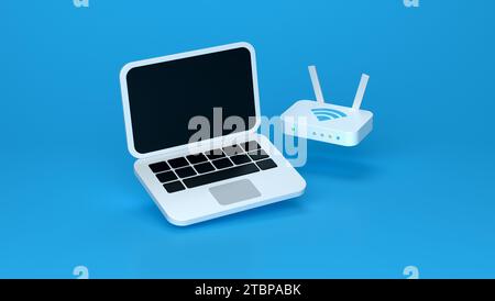 Weißer Laptop und Router auf blauem Studio-Hintergrund. Isoliert. Minimalistischer Cartoon-Stil. Minimalsymbol. Abbildung 3D-Rendering. Stockfoto