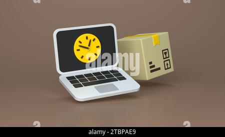 Weißer Laptop und Lieferbox mit Uhrenmarkierung auf dem Bildschirm. Brauner Studiohintergrund. Isoliert. Minimalistischer Cartoon-Stil. Minimalsymbol. 3D-Rendering Stockfoto