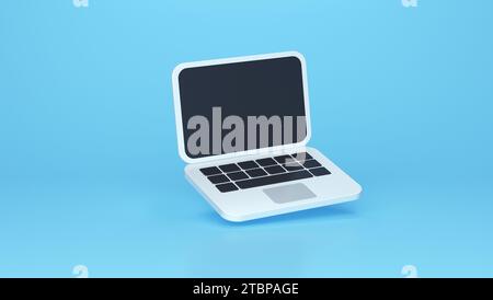 Minimal Laptop isoliert auf Pastellblau Studio Hintergrund. Ethernet-Konzept. Minimalistischer Cartoon-Stil. Minimalsymbol. Abbildung 3D-Rendering. Stockfoto