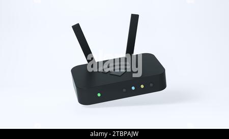 Einfacher schwarzer Internet-WLAN-Router mit Antennen auf Soft Light Studio Hintergrund. Ethernet-Konzept. Isoliert. Minimalistischer Cartoon-Stil. Minimalsymbol. Stockfoto