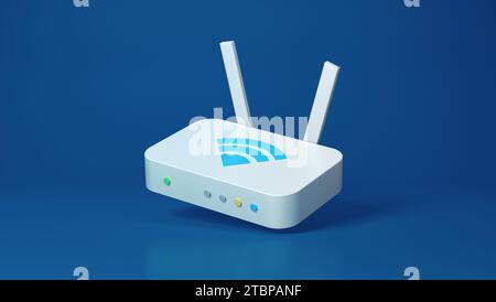 Einfacher weißer Internet-WLAN-Router mit Antennen auf blauem Studio-Hintergrund. Ethernet-Konzept. Isoliert. Minimalistischer Cartoon-Stil. Minimalsymbol. 3D Stockfoto