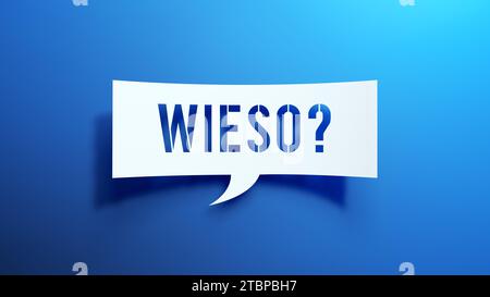 ieso? - Sprechblase. Deutsche Sprache. Minimalistisches abstraktes Design mit weißem Papier auf blauem Hintergrund. 3D-Rendering. Stockfoto