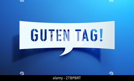 Guten Tag – Sprechblase. Deutsche Sprache. Minimalistisches abstraktes Design mit weißem Papier auf blauem Hintergrund. 3D-Rendering. Stockfoto