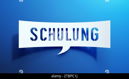 Schulung – Sprechblase. Deutsche Sprache. Minimalistisches abstraktes Design mit weißem Papier auf blauem Hintergrund. 3D-Rendering. Stockfoto