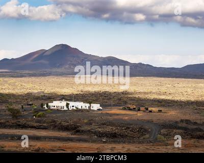 Ein Haus in einem Lavafeld in der Nähe von Montana Cuervo auf Lanzarote auf den Kanarischen Inseln. Stockfoto