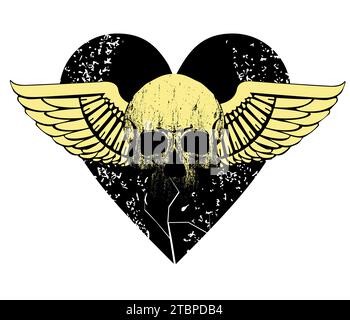 T-Shirt-Design mit schwarzem Flügelherz und Schädel. vektordarstellung, ideal für ein starkes Rockalbum-Cover Stock Vektor
