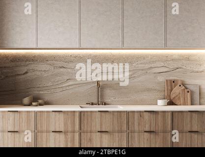 Moderne Küche mit strukturierter Hintergrundbeleuchtung und Holzschränken für ein warmes, natürliches Ambiente. 3D-Rendering Stockfoto