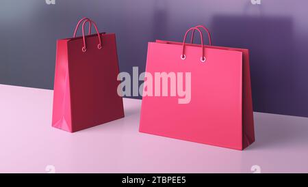 Viva Magenta Einkaufstaschen isoliert über sanftem Rosa und dunklem Lila Hintergrund. Verkaufsbanner für Online-Shopping. Geschenk oder Überraschung, Sonderaktion. Stockfoto