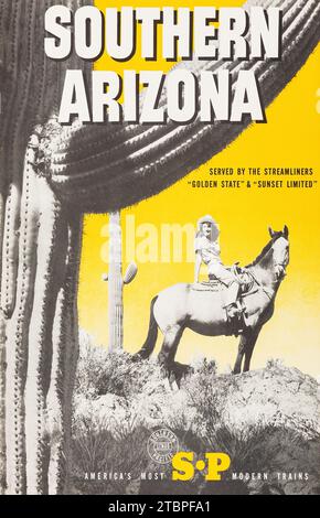 Southern Arizona (Southern Pacific Lines, 1950er) Reiseplakat mit einer Frau auf einem Pferd und einem Kakteen. Stockfoto