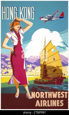 Poster zur Werbung für Reisen nach Hongkong - Northwest Airlines - 1950er Jahre American Travel Poster Stockfoto