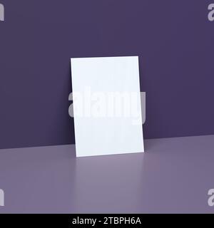 Weiße Poster-Mockups auf einem dunkelvioletten Hintergrund mit Reflexion. Vorlage, Modell. Abbildung 3D-Rendering. Stockfoto