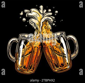 Ein paar Biergläser, die einen Toast machen. Alkoholisches Getränk und Spritzer Schaum. Pub-Konzept-Vektor-Illustration Stock Vektor