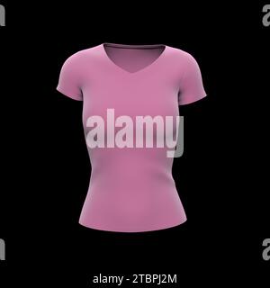 Pink Damen-T-Shirt isoliert über schwarzem Hintergrund. Kreatives Layout. Modell und Platz für Text- und Logounternehmen. Geschäftskonzept. 3D-Rendering Stockfoto