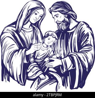 Frohe Weihnachten. Weihnachtsgeschichte. Maria, Joseph und das Jesuskind, Sohn Gottes, Symbol des Christentums handgezeichnete Vektor-Illustration. Stock Vektor