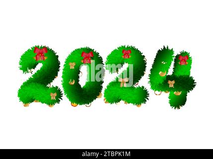 2024 Nummern aus Tannenzweigen mit Weihnachtskugeln. Fell- oder Lametta-Effekt. Vektor-Illustration für Feiertage. Silvester-Schild. Vektorvorlage für gre Stock Vektor