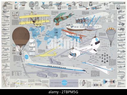 Vintage-amerikanisches Poster - Pan American World Airways, Pan am-Poster 1962 Bildkarte der Welt und Illustrationen des Luftverkehrs, Flugzeuge usw. Stockfoto