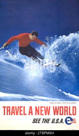 Skifahren in Aspen, Bundesstaat Colorado - Reisen Sie eine neue Welt - sehen Sie die USA - Wintersport - American Travel Poster, 1962 Stockfoto
