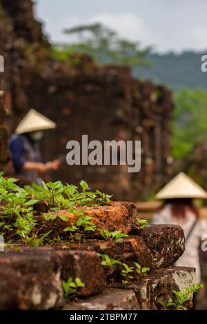 Leute mit Kegelhüten im Mi-Sön Heiligtum, Vietnam Stockfoto