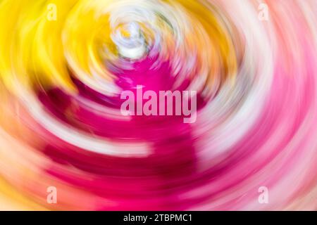 Eine lebendige Nahaufnahme einer mehrfarbigen Spirale, die in der Luft wirbelt und einen auffälligen Bewegungsunschärfeeffekt erzeugt Stockfoto
