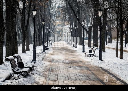 Gasse im Winter Stadtpark. Alte Stadtlaternen und Parkbänke, die mit Schnee bedeckt sind Stockfoto