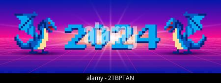 2024 ist ein Jahr des Blauen Drachen im chinesischen Mondkalender. Neujahrssymbol in Pixelgrafik, Retro-Synthwave-Stil. Stock Vektor