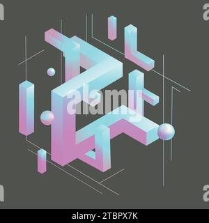 Geometrischer abstrakter Hintergrund mit isometrischen Formen und Linien. Trendiges isometrisches Design mit 3D-Effekt. Technologi moderner Hintergrund für Web, Poster, f Stock Vektor