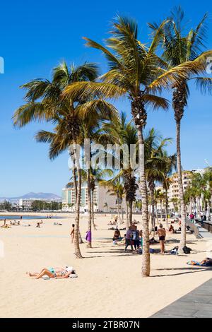 Touristen genießen den Sandstrand am Strand Playa del Reducto, Av Fred Olsen, Arrecife, Lanzarote, Las Palmas, Spanien Stockfoto