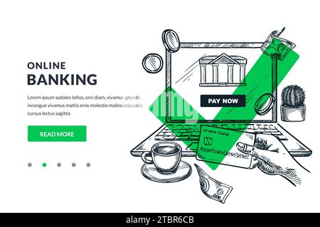 Online-Banking Geldtransfer und -Zahlung. Mobiltechnologie für Geschäfts- und Finanzkonzepte. Kritzelvektorskizze Illustration von Laptop, Bank und c Stock Vektor
