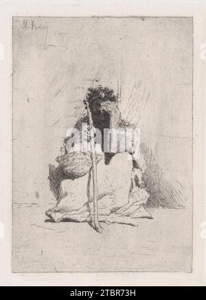 Ein Bettler, der auf dem Boden sitzt und einen Stock 1923 von Mariano Fortuny, 18381874, hält Stockfoto