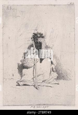 Ein Bettler, der auf dem Boden sitzt und einen Stock 1919 von Mariano Fortuny, 18381874, hält Stockfoto